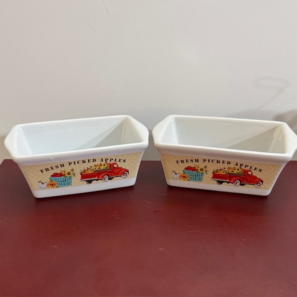 2 Royal Norfolk White Loaf Pans with Red Truck Design